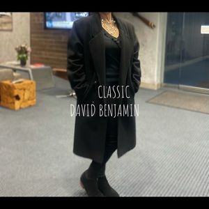 Classic David Benjamin black lined wool coat.